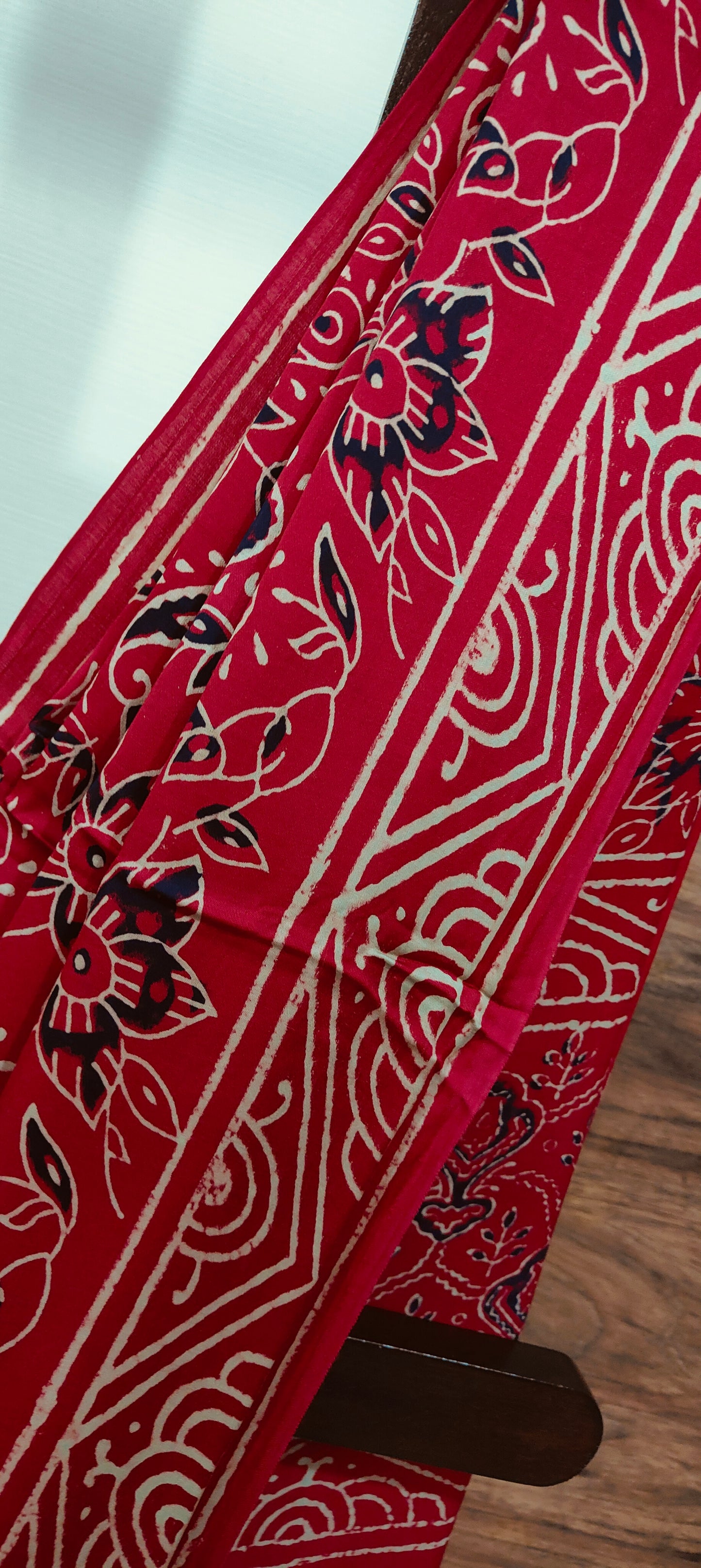 Red Modal Silk Hand Block Printed  Saree