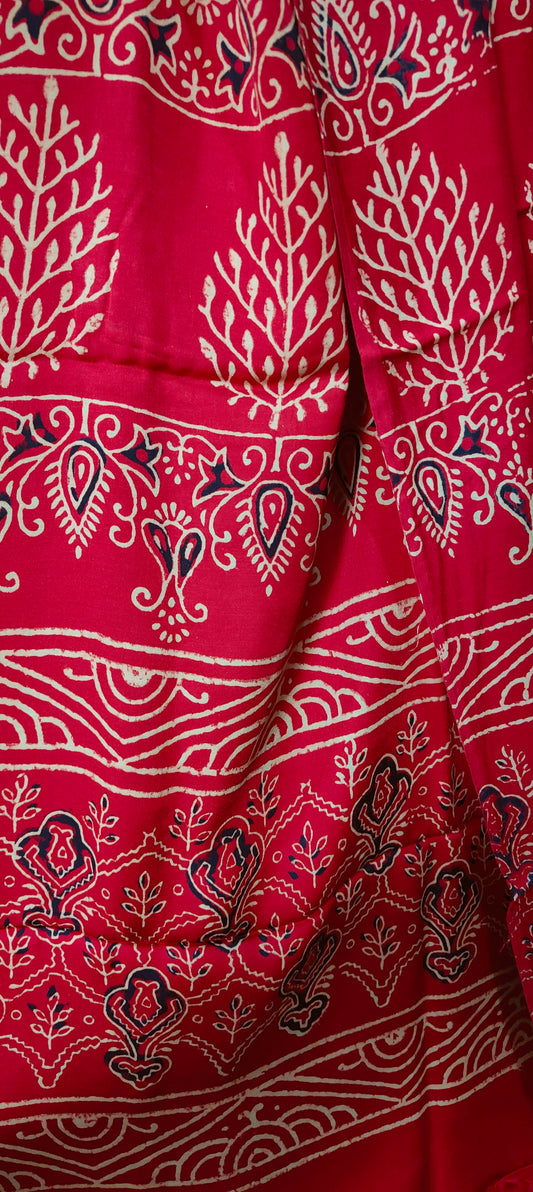 Red Modal Silk Hand Block Printed  Saree