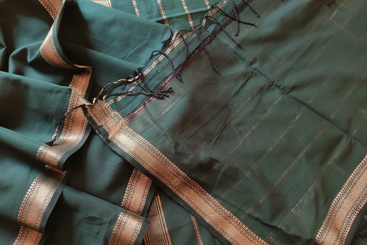 Thin Traditional Zari Border Bottle Green Cotton handloom Saree