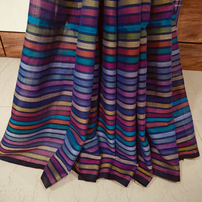 Multicoloured striped Mul Cotton handloom Saree