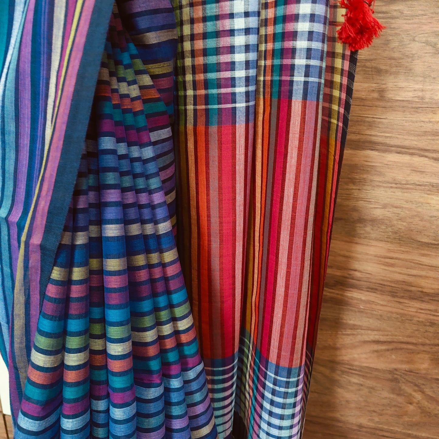 Multicoloured striped Mul Cotton handloom Saree