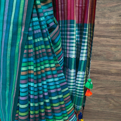 Greenish Multicoloured striped Mul Cotton handloom Saree