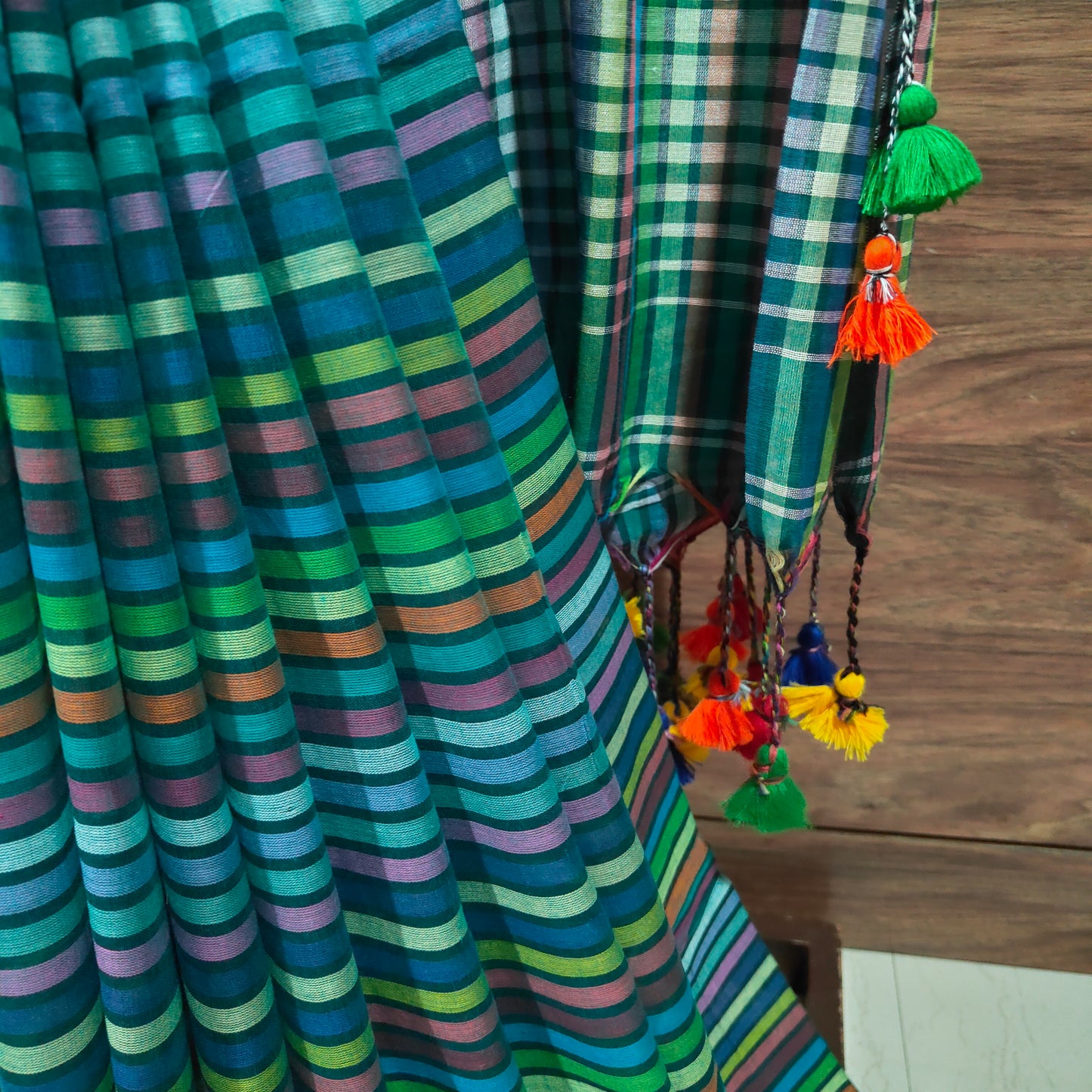 Greenish Multicoloured striped Mul Cotton handloom Saree