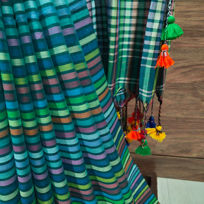 Greenish Multicoloured striped Mul Cotton handloom Saree