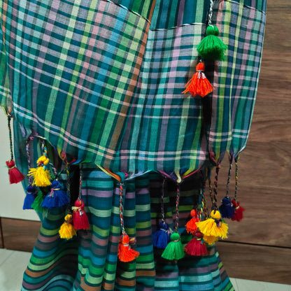 Greenish Multicoloured striped Mul Cotton handloom Saree