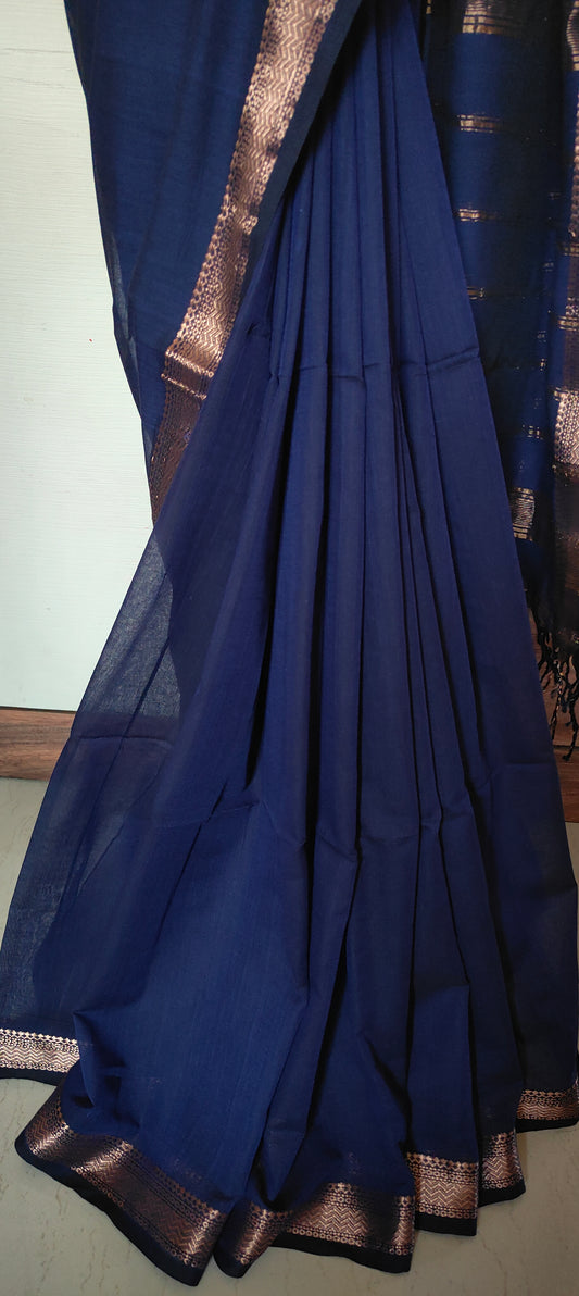Thin Traditional Zari Border Navy Blue Cotton handloom Saree