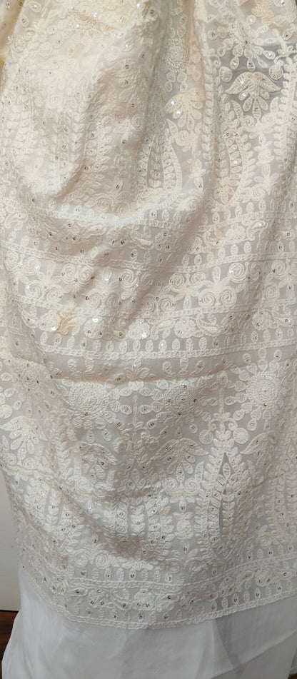 Threaded intricate lucknowi Chikankari work done White Chiffon Saree