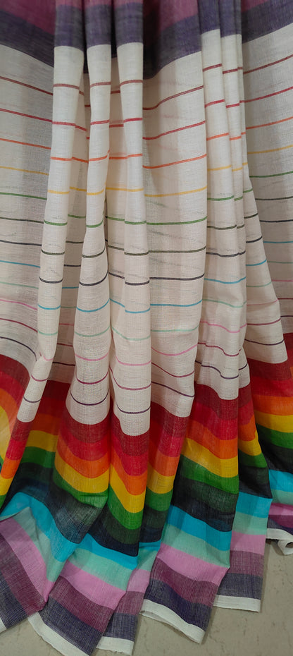 White Cotton nulticolor stripped Threaded bhujuri style Jamdani work done Saree