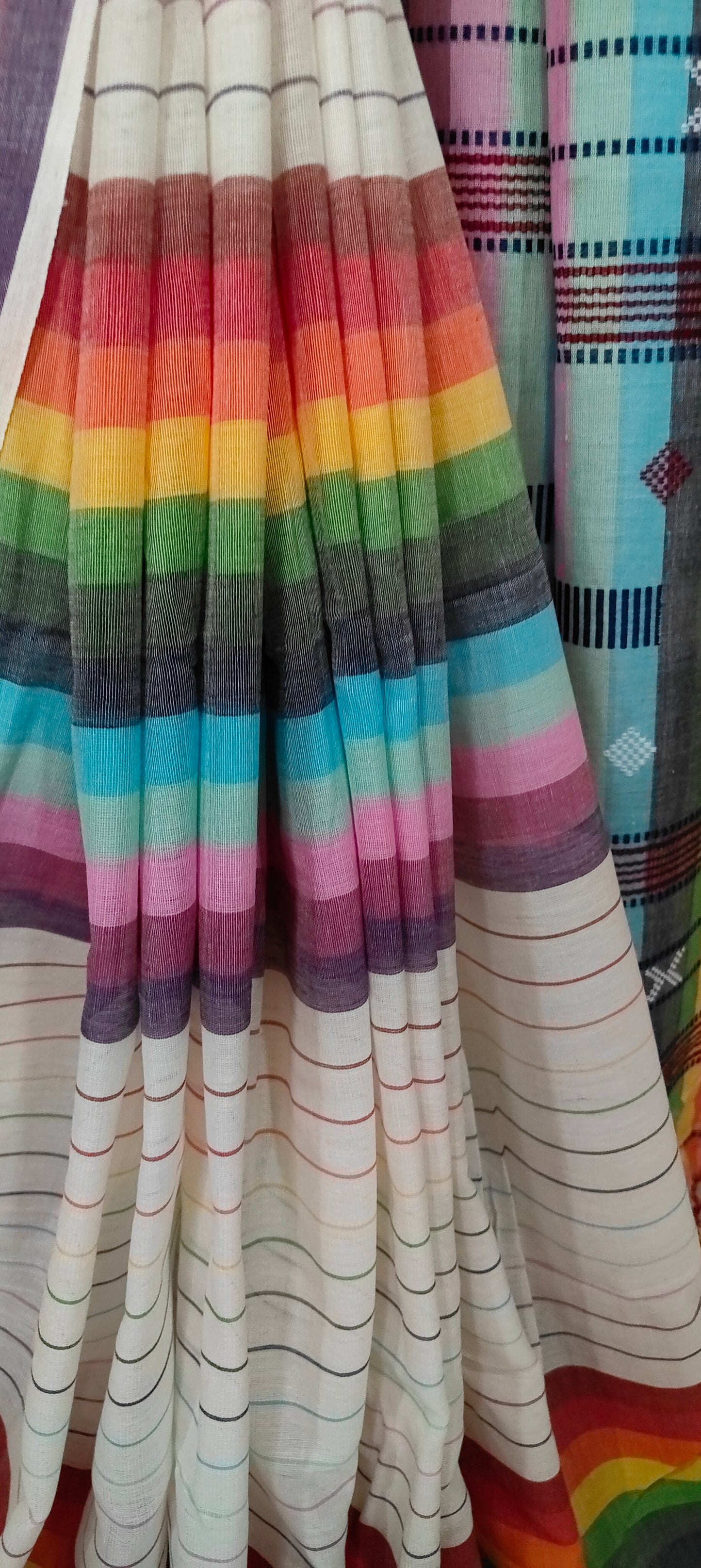 White Cotton nulticolor stripped Threaded bhujuri style Jamdani work done Saree