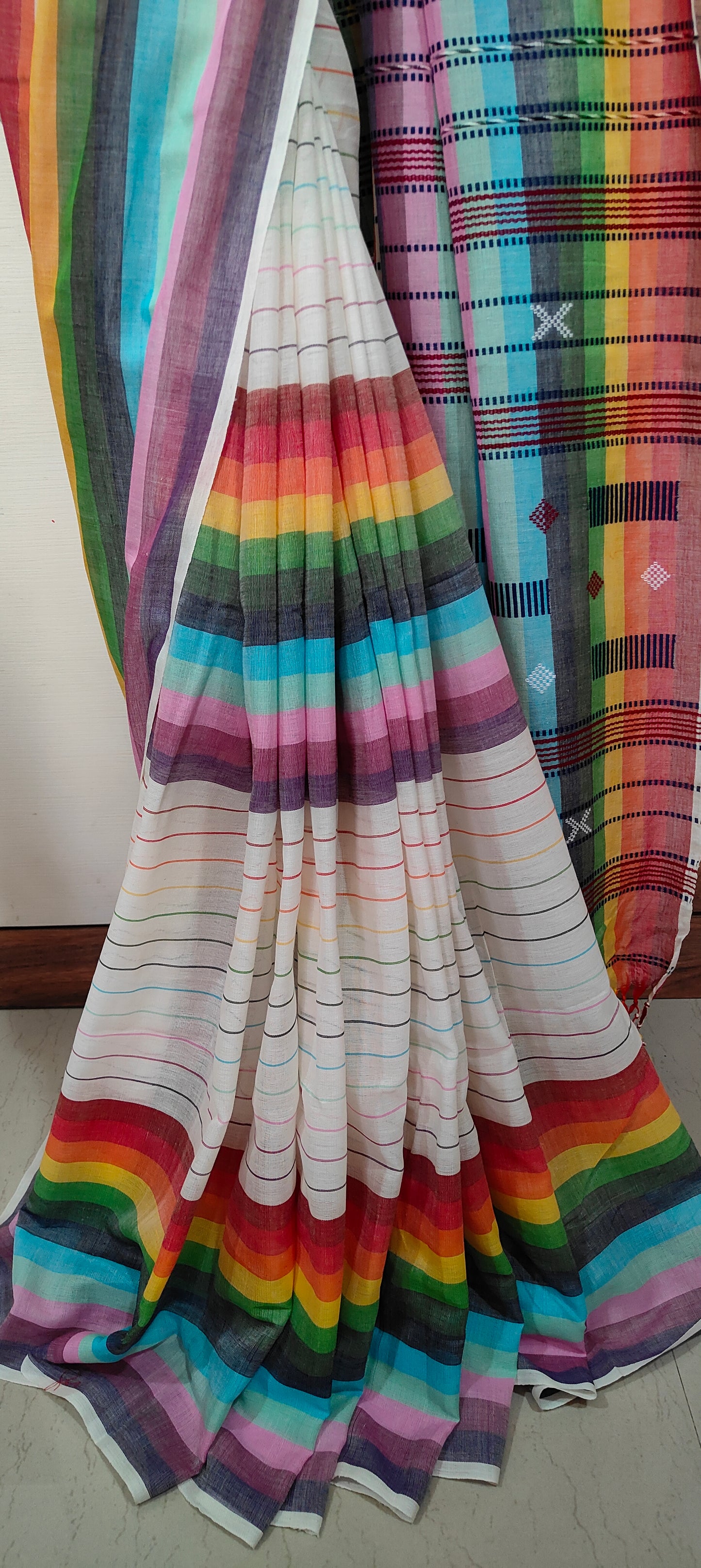 White Cotton nulticolor stripped Threaded bhujuri style Jamdani work done Saree