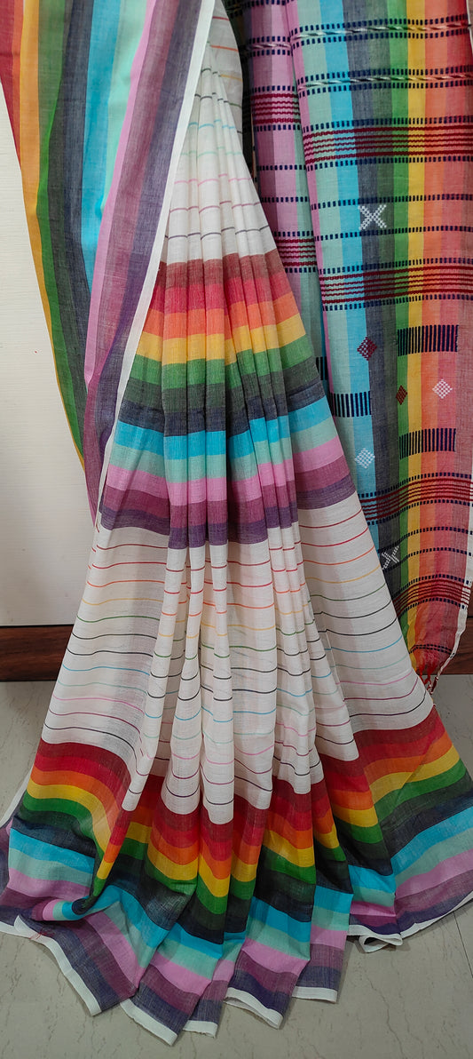 White Cotton nulticolor stripped Threaded bhujuri style Jamdani work done Saree