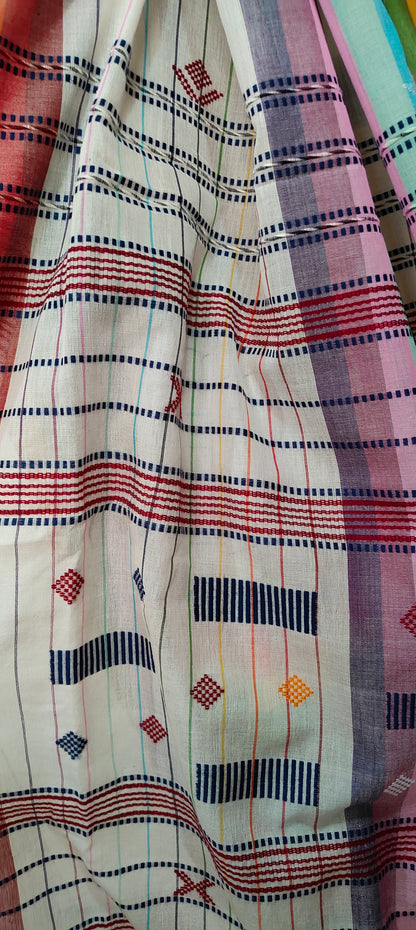 White Cotton nulticolor stripped Threaded bhujuri style Jamdani work done Saree