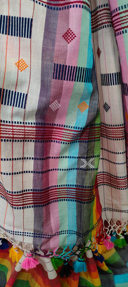 White Cotton nulticolor stripped Threaded bhujuri style Jamdani work done Saree