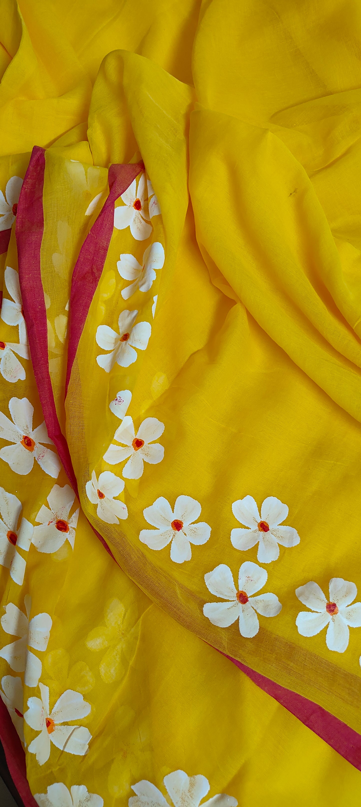Chitrika – Sunshine Yellow Hand Painted Mul Cotton Saree