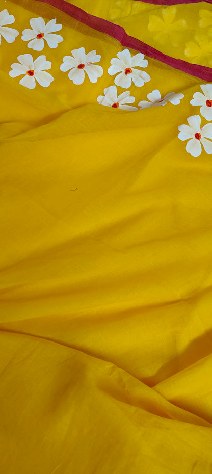 Chitrika – Sunshine Yellow Hand Painted Mul Cotton Saree