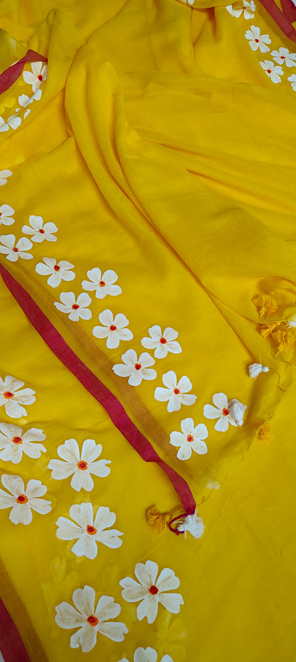 Chitrika – Sunshine Yellow Hand Painted Mul Cotton Saree
