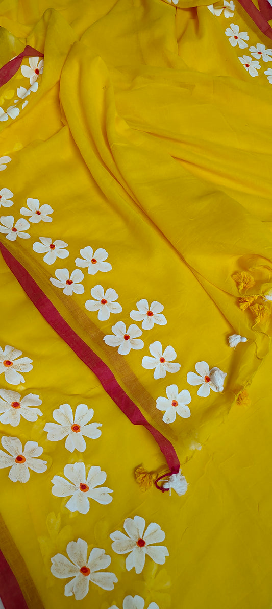 Chitrika – Sunshine Yellow Hand Painted Mul Cotton Saree