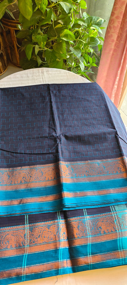 Navy Blue Cotton Kanchipuram traditional border Saree
