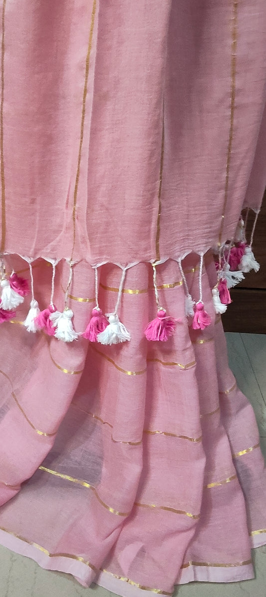 Baby pink Mul Cotton single color zari stripped Saree