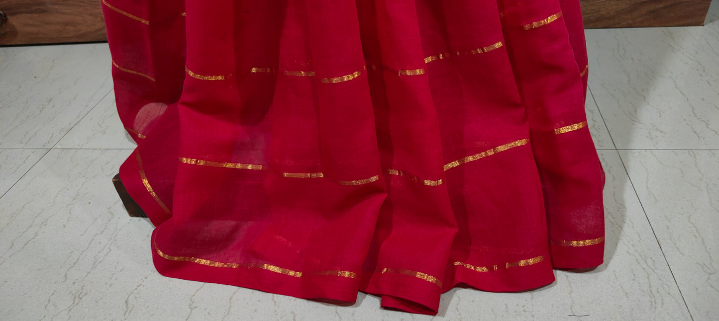 Red Mul Cotton single color zari stripped Saree