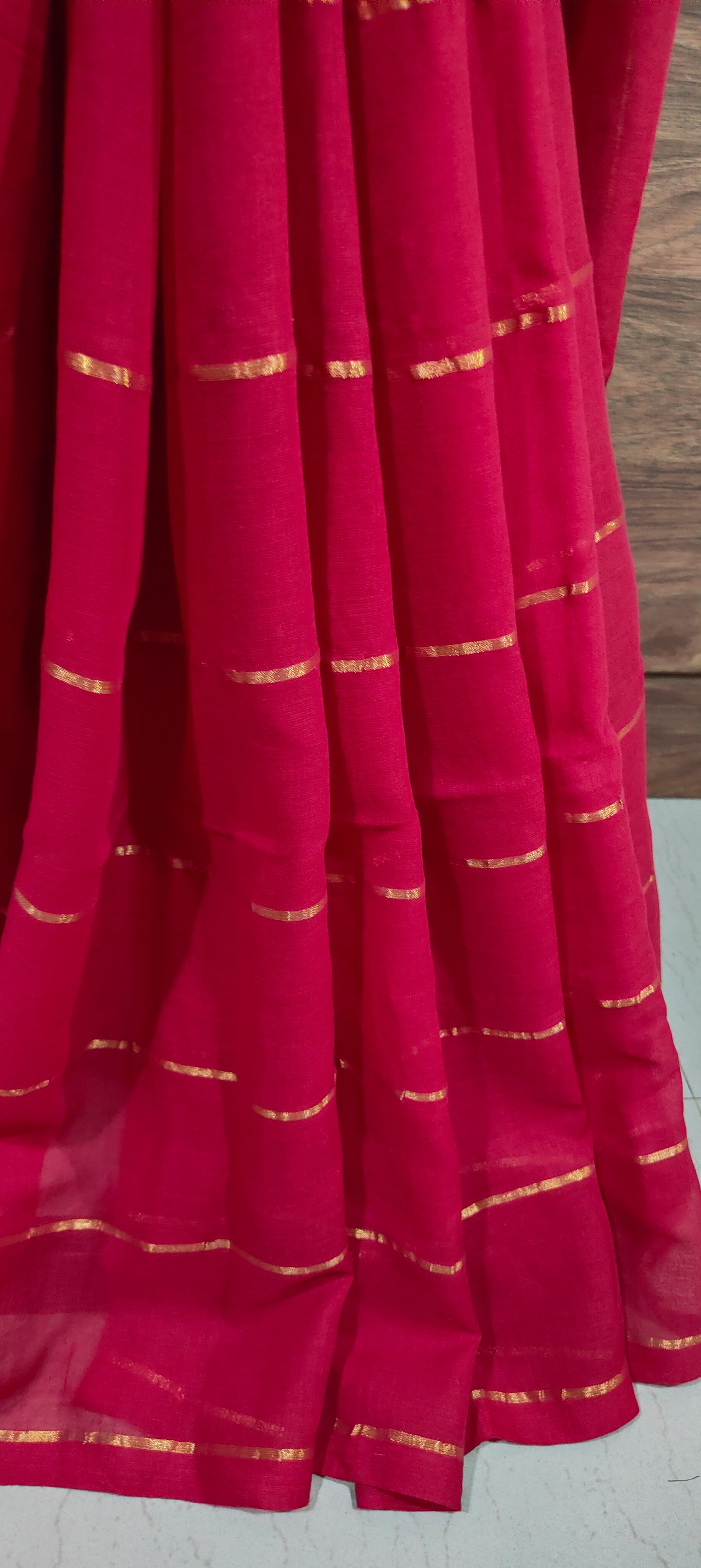 Red Mul Cotton single color zari stripped Saree