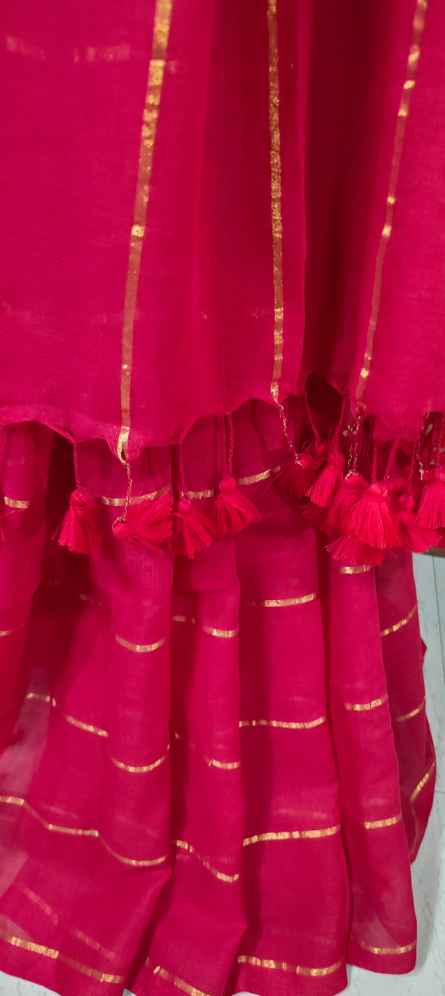Red Mul Cotton single color zari stripped Saree