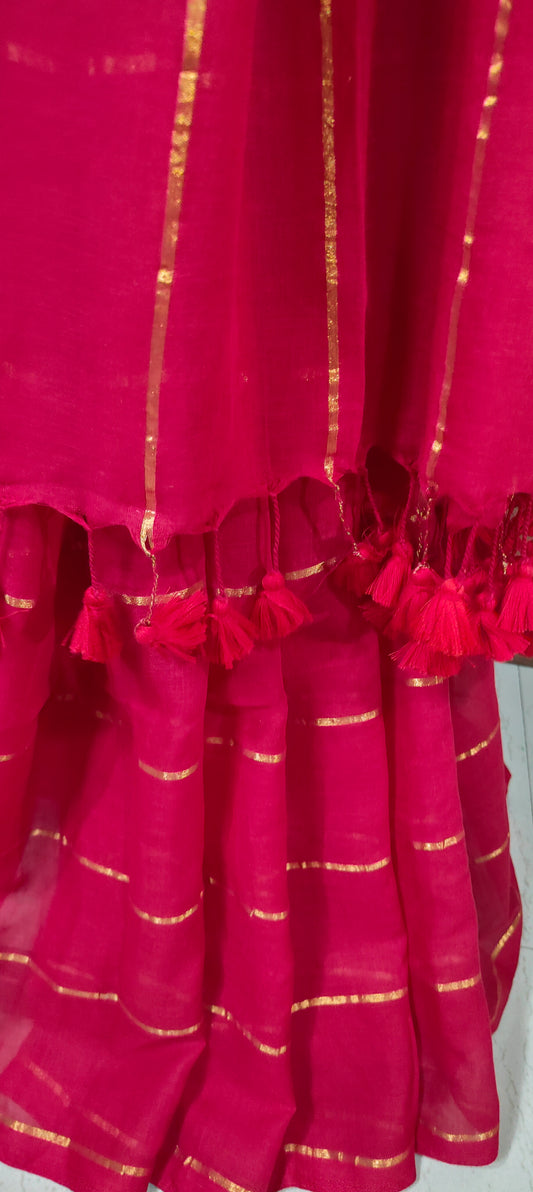 Red Mul Cotton single color zari stripped Saree