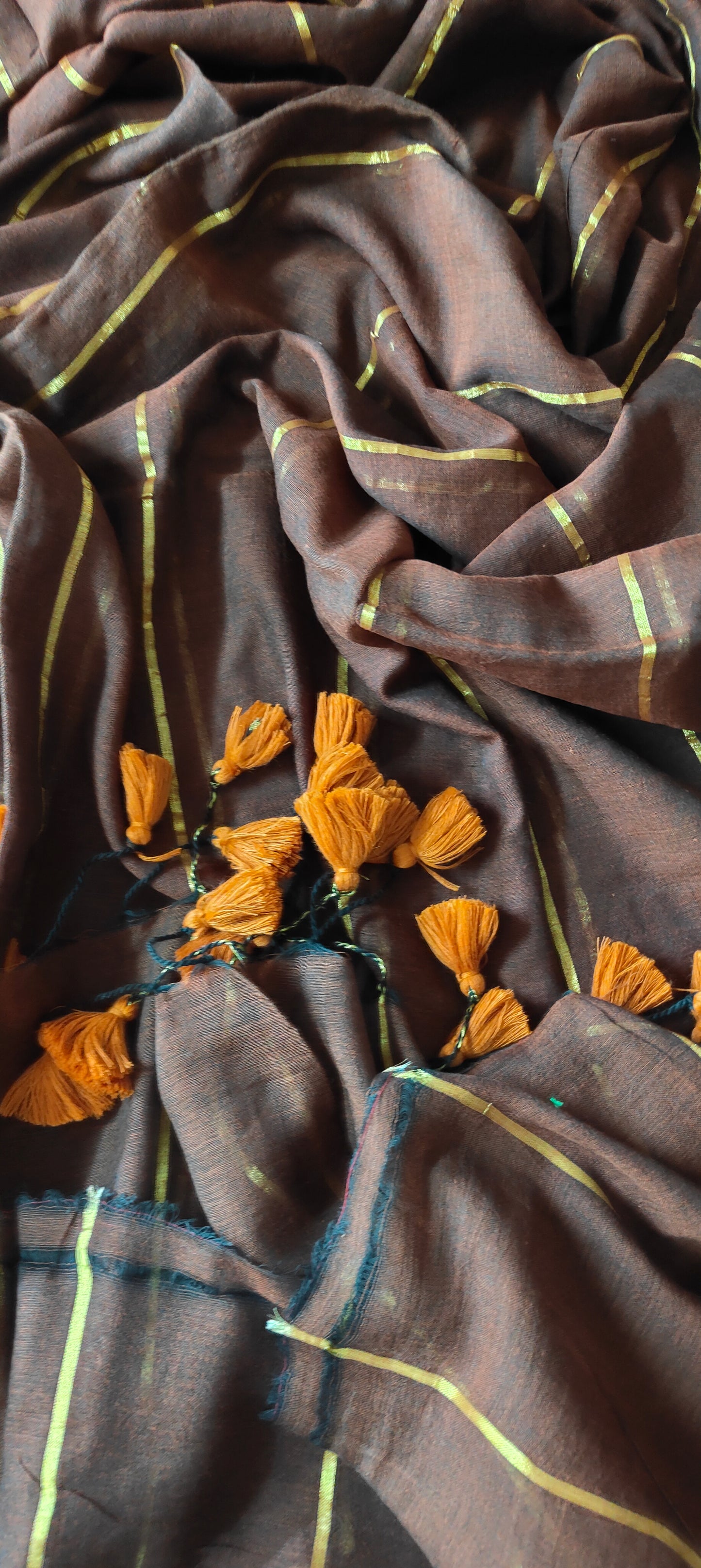 Brown Mul Cotton single color zari stripped Saree