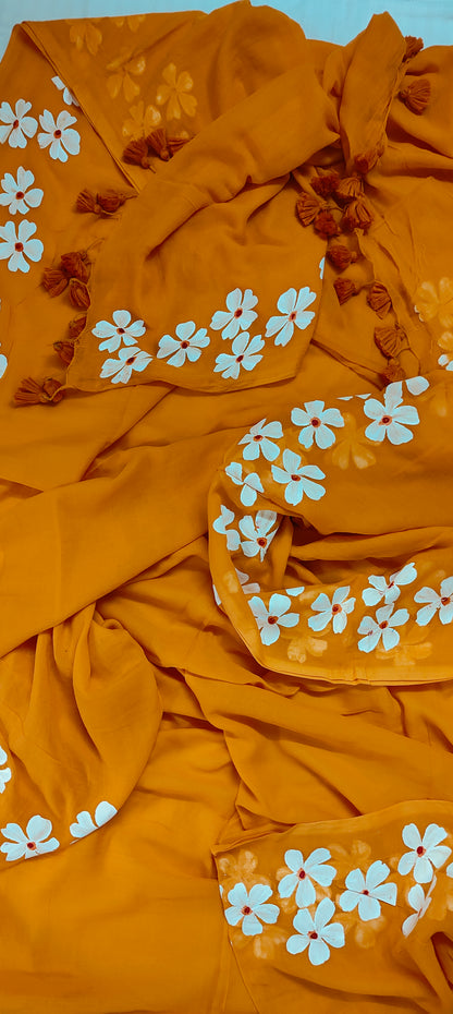 Chitrika – Gerua Hand Painted Mul Cotton Saree