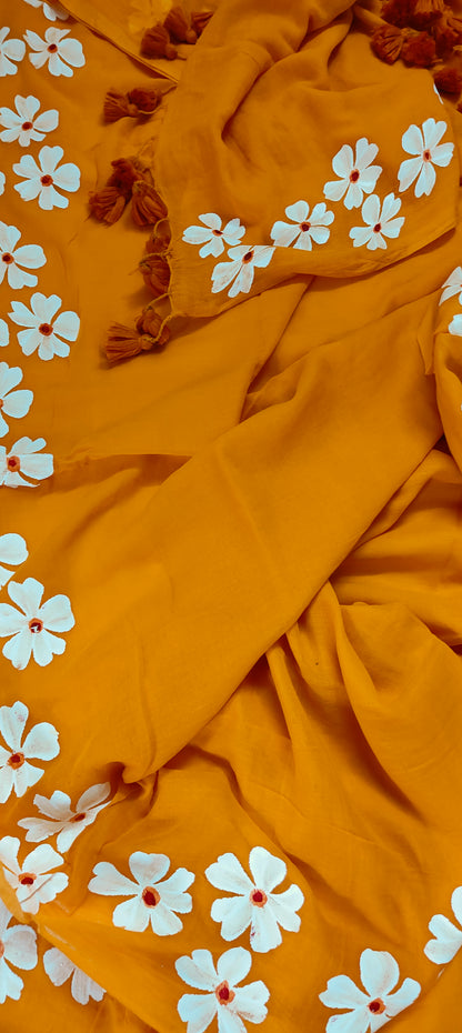 Chitrika – Gerua Hand Painted Mul Cotton Saree