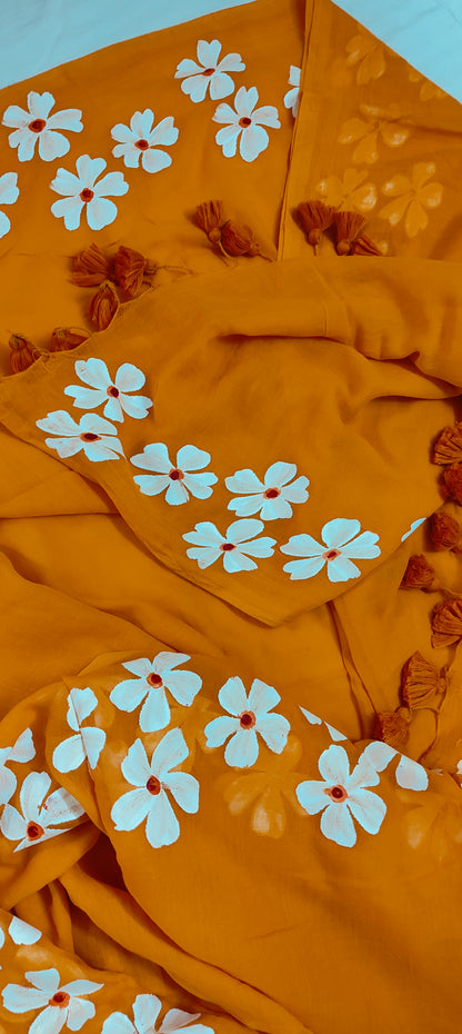 Chitrika – Gerua Hand Painted Mul Cotton Saree