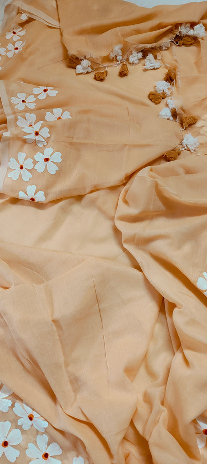 Chitrika – Coral Peach Hand Painted Mul Cotton Saree