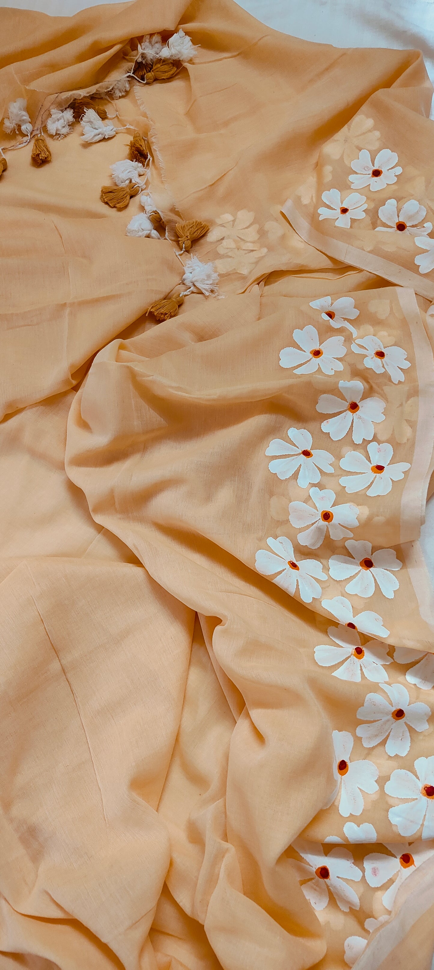 Chitrika – Coral Peach Hand Painted Mul Cotton Saree