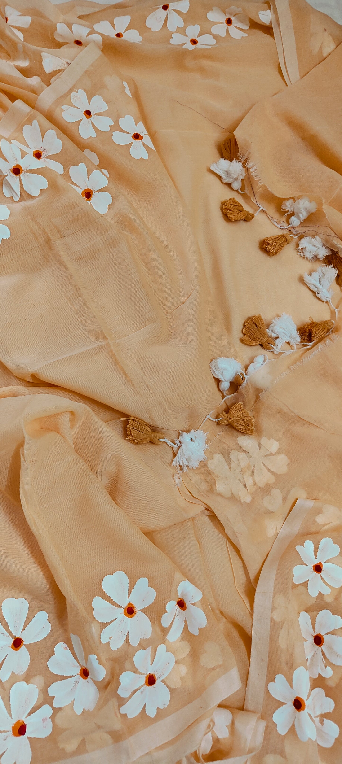Chitrika – Coral Peach Hand Painted Mul Cotton Saree