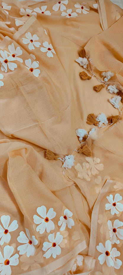 Chitrika – Coral Peach Hand Painted Mul Cotton Saree