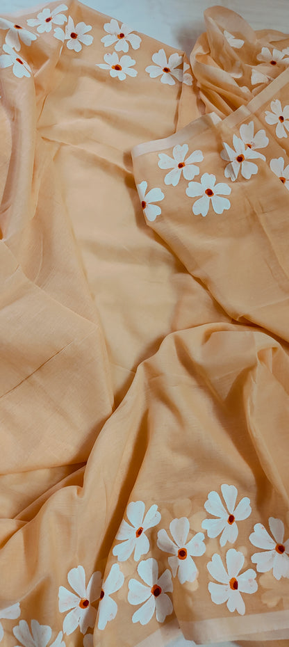 Chitrika – Coral Peach Hand Painted Mul Cotton Saree