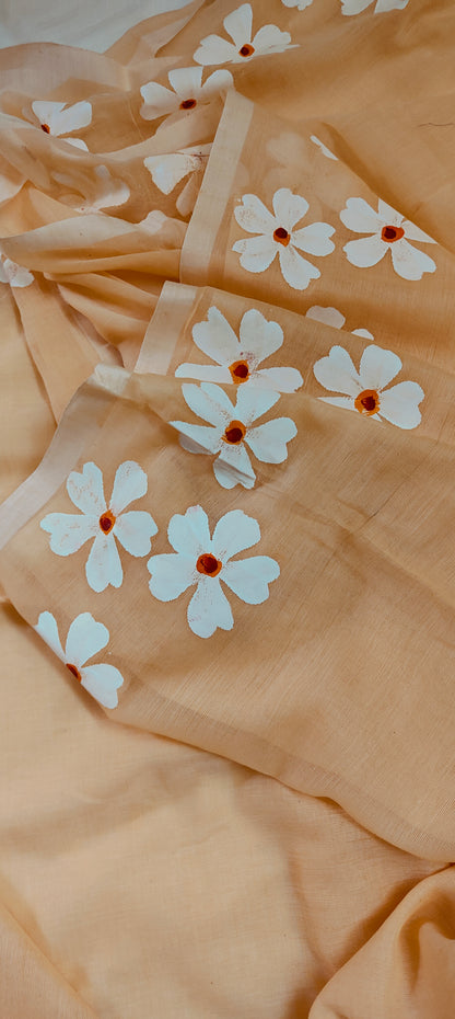 Chitrika – Coral Peach Hand Painted Mul Cotton Saree