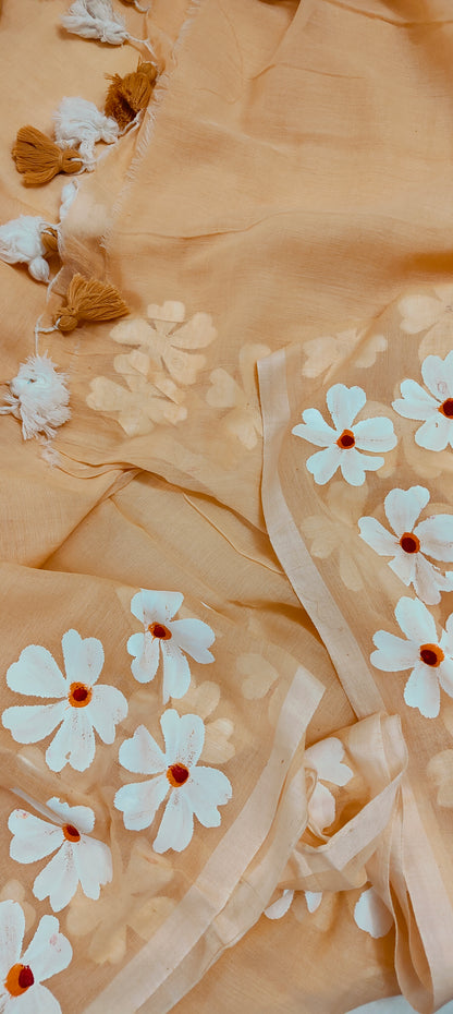Chitrika – Coral Peach Hand Painted Mul Cotton Saree