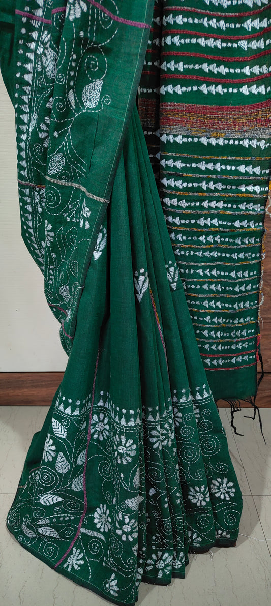 Katha – Dark Green Exclusive Kantha Khesh Cotton Saree