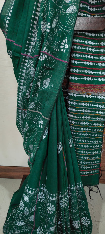 Katha – Dark Green Exclusive Kantha Khesh Cotton Saree