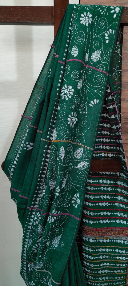 Katha – Dark Green Exclusive Kantha Khesh Cotton Saree