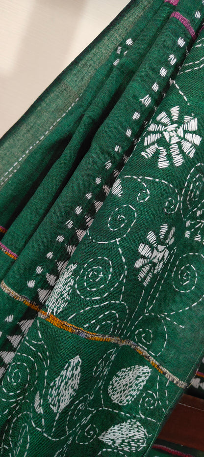 Katha – Dark Green Exclusive Kantha Khesh Cotton Saree