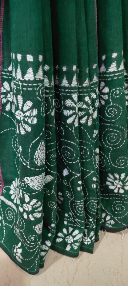 Katha – Dark Green Exclusive Kantha Khesh Cotton Saree