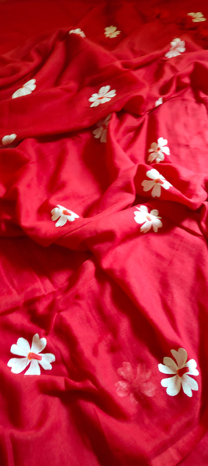 Chitrika – Passionate Red Hand Painted Mul Cotton Saree