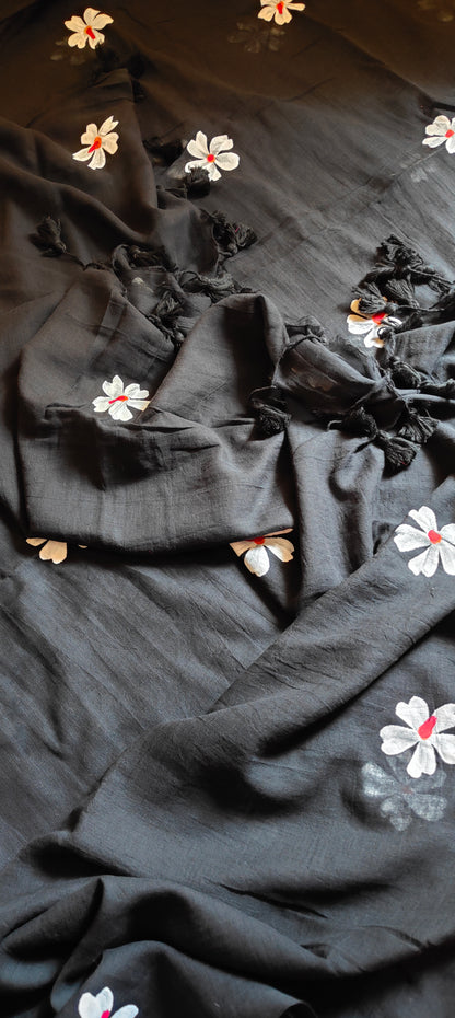 Chitrika – Eternal Black Hand Painted Mul Cotton Saree
