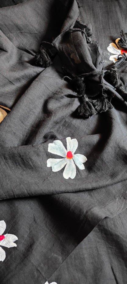 Chitrika – Eternal Black Hand Painted Mul Cotton Saree