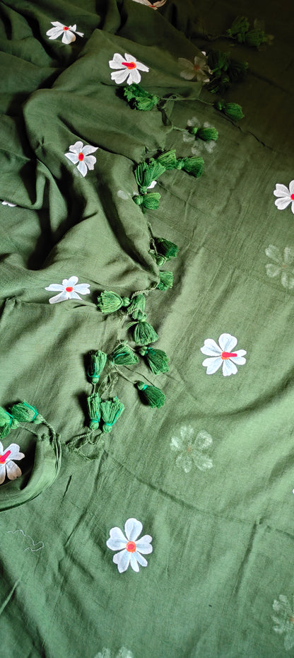 Chitrika – Bottle Green Hand Painted Mul Cotton Saree