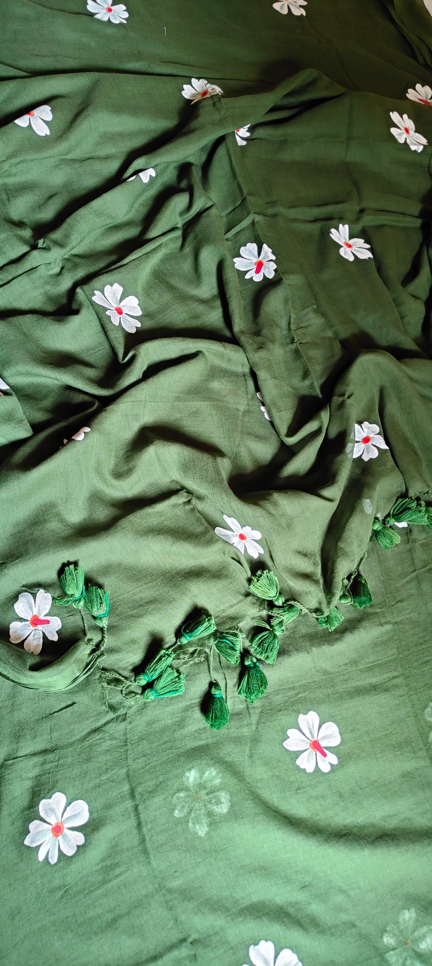 Chitrika – Bottle Green Hand Painted Mul Cotton Saree