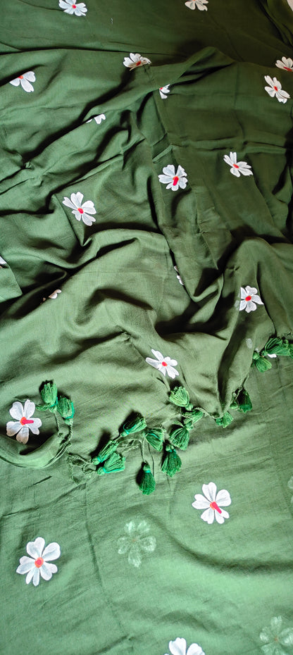 Chitrika – Bottle Green Hand Painted Mul Cotton Saree