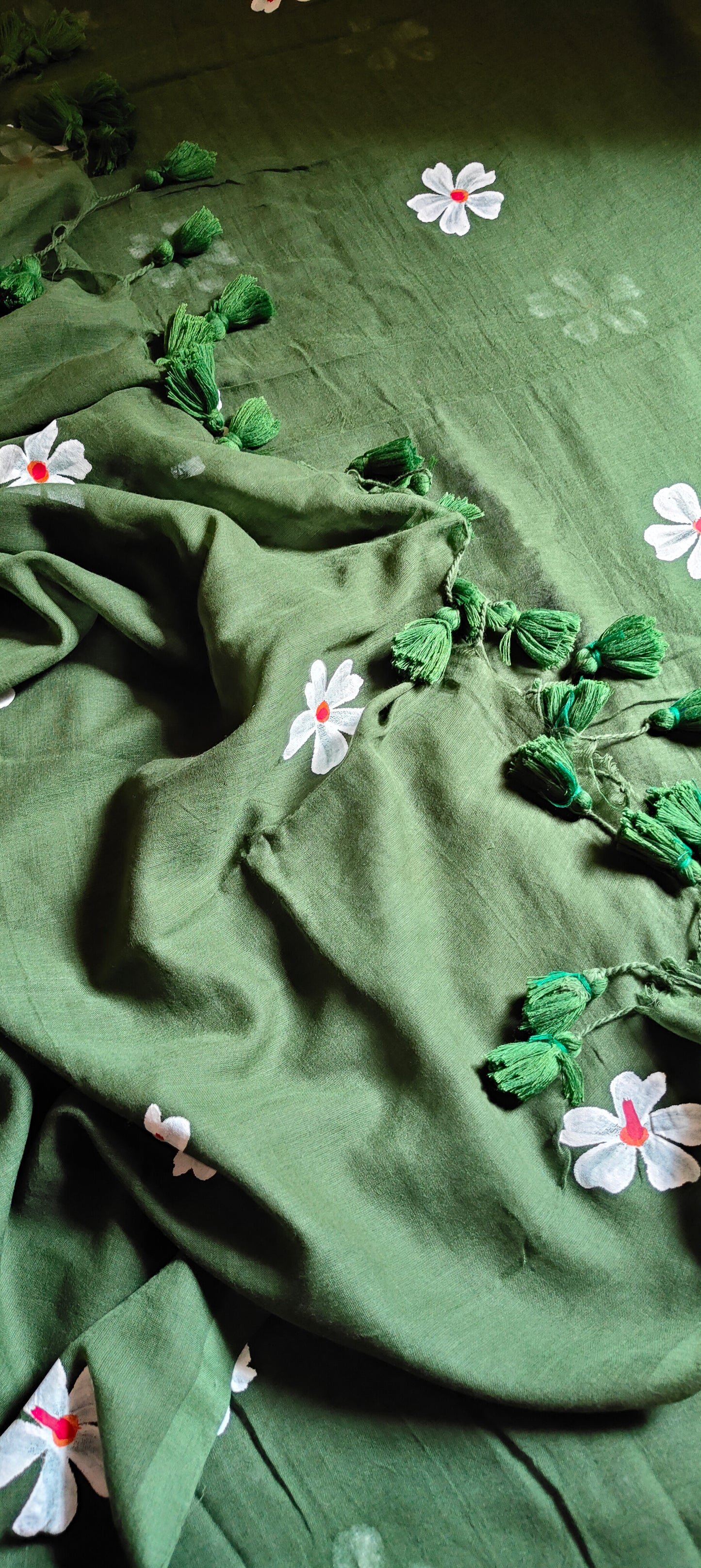 Chitrika – Bottle Green Hand Painted Mul Cotton Saree